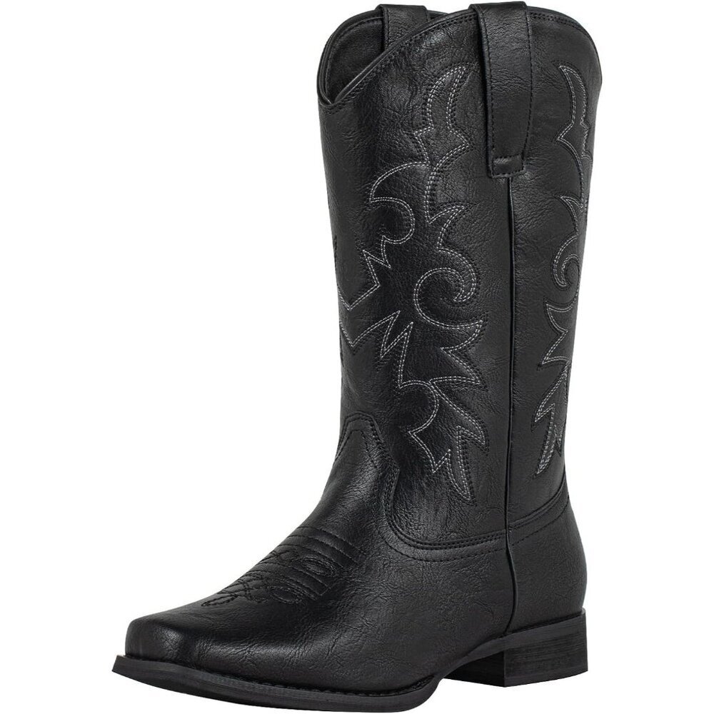 Black Women's Cowboy Square Toe Western Cowgirl Mid Wide Calf Embroidered Boots